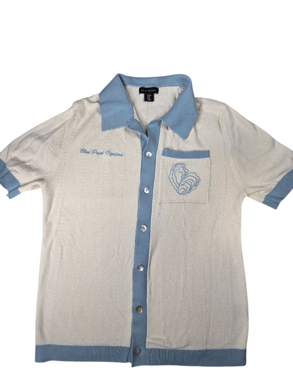 Art Of Rhetoric Embroidered Blue Point Oysters Knit Button-Up Shirt Medium